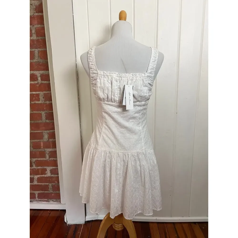 NEW All in Favor White Eyelet Mini Dress Cottagecore Milkmaid Dress Medium - Picture 5 of 10